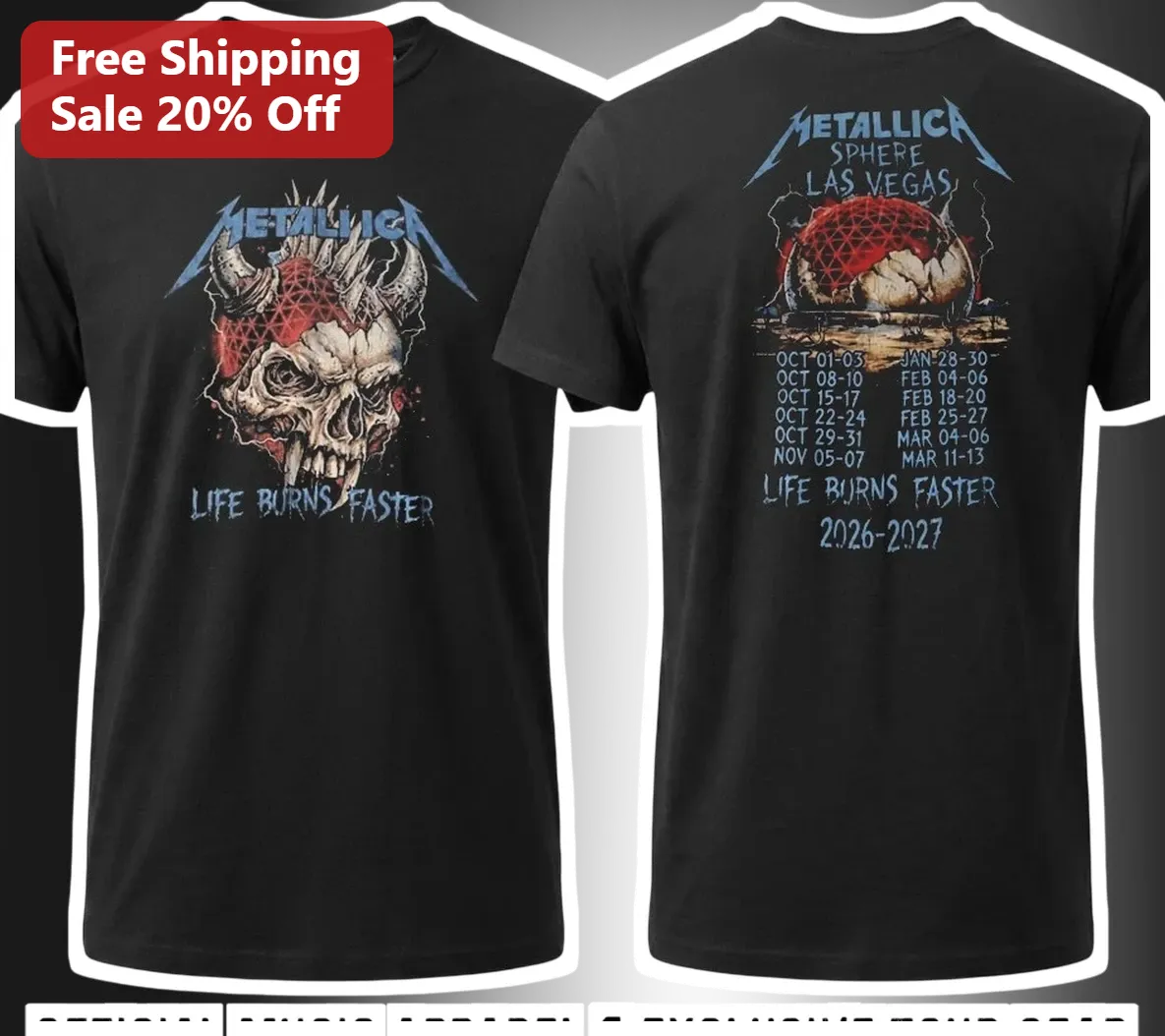 Metallica Life Burns Faster Sphere Las Vegas Tee Heavy Metal Band Merch
