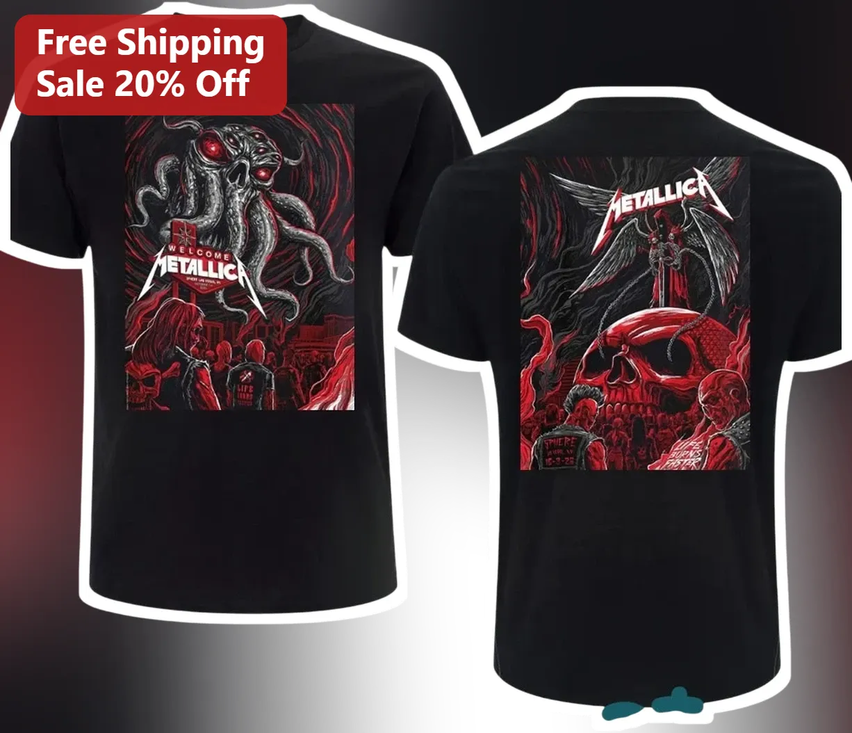 Metallica Life Burns Faster Welcome Graphic Tee Horror Band Merch Shirt