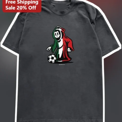 Mexican Flag Grim Reaper Soccer Player Tee Dia de los Muertos Halloween Gift