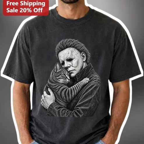 Michael Myers Halloween Horror Tee Cute Cat Hug Graphic Shirt for Men Women