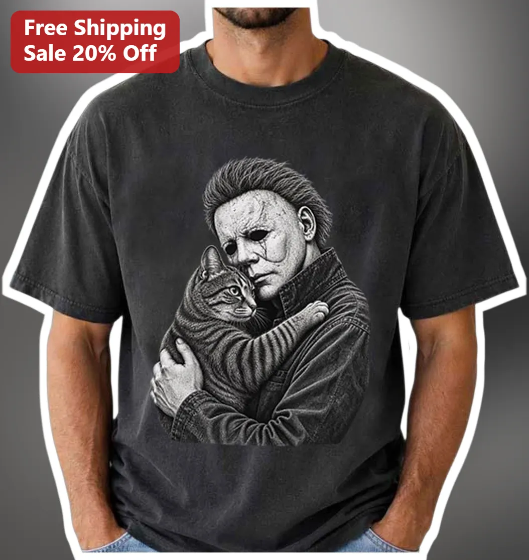 Michael Myers Halloween Horror Tee Cute Cat Hug Graphic Shirt for Men Women