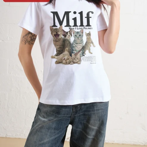 Customer in Chicago, Illinois wearing Milf Man I Love Felines Cat Lover Graphic Tee Funny Novelty Shirt for Women