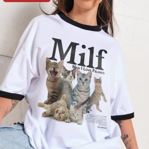 Customer in Chicago, Illinois wearing Milf Man I Love Felines Graphic Tee Funny Cat Lover Gift for Him