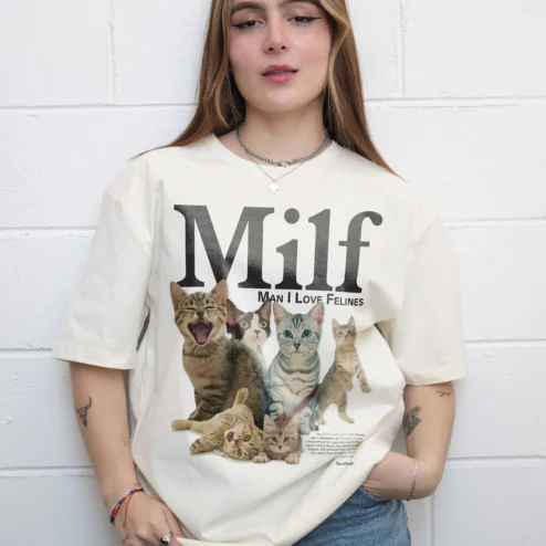 Customer in Chicago, Illinois wearing Milf Man I Love Felines Graphic Tee Funny Cat Lover Gift for Him