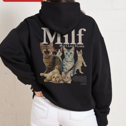 Customer in Chicago, Illinois wearing MILF Man I Love Felines Hoodie Funny Cat Lover Gift Unisex Pullover