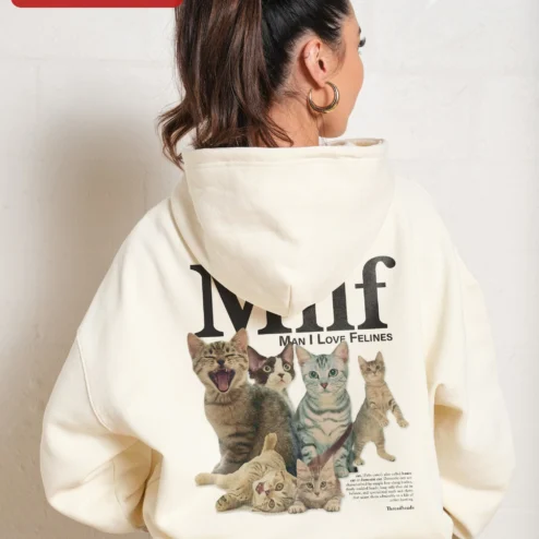 Close-up of MILF Man I Love Felines Hoodie Funny Cat Lover Gift Unisex Pullover for streetwear fans in Chicago, Illinois
