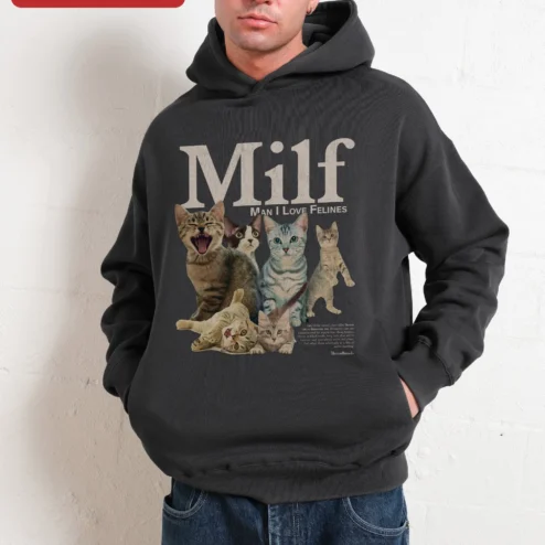 Customer in Chicago, Illinois wearing Milf Man I Love Felines Hoodie Funny Cat Lover Graphic Sweatshirt for Women