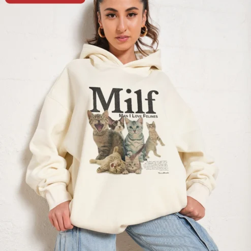 Close-up of Milf Man I Love Felines Hoodie Funny Cat Lover Graphic Sweatshirt for Women for streetwear fans in Chicago, Illinois