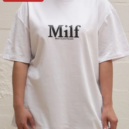Close-up of Milf Man I Love Felines Tee Cat Lover Funny Graphic Shirt for streetwear fans in Chicago, Illinois