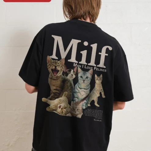 Customer in Chicago, Illinois wearing Milf Man I Love Felines Tee Cat Lover Funny Graphic Shirt