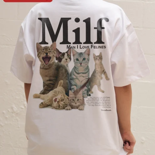 Close-up of Milf Man I Love Felines Tee Cat Lover Funny Graphic Shirt for streetwear fans in Chicago, Illinois