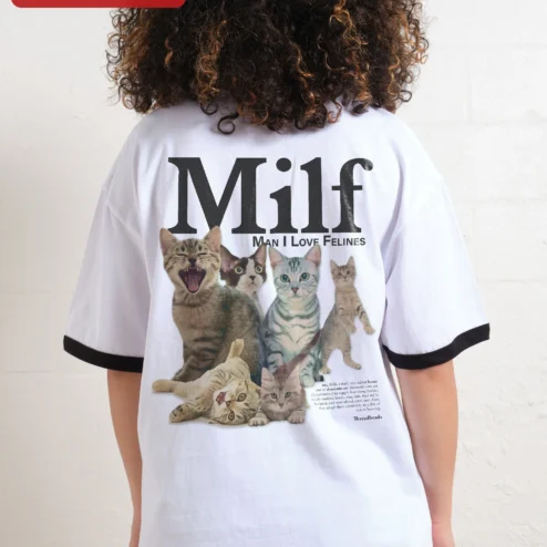 Customer in Chicago, Illinois wearing Milf Man I Love Felines Tee Funny Cat Lover Acronym Shirt Retro Ringer Gift