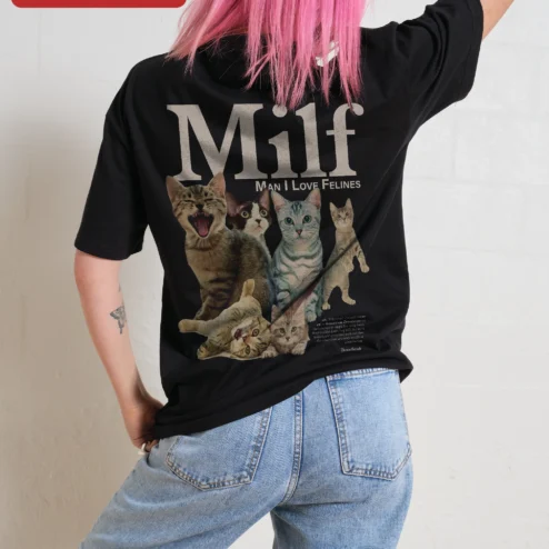 Close-up of Milf Man I Love Felines Tee Funny Cat Lover Acronym Shirt Retro Ringer Gift for streetwear fans in Chicago, Illinois
