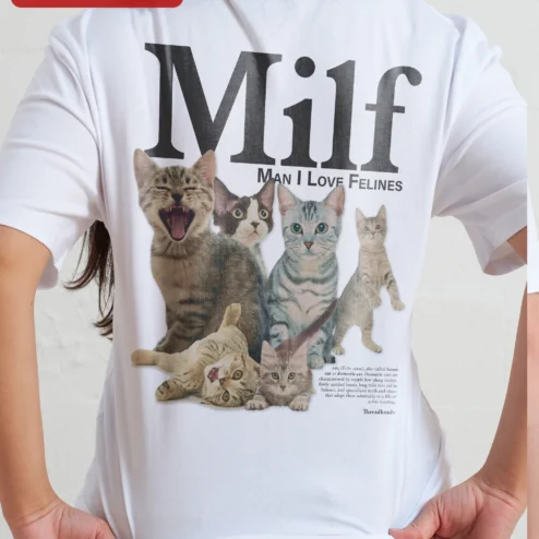Close-up of Milf Man I Love Felines Tee Funny Cat Lover Acronym Shirt Retro Ringer Gift for streetwear fans in Chicago, Illinois