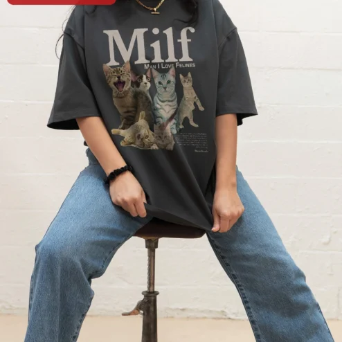 Close-up of Milf Man I Love Felines Tee Funny Cat Lover Graphic Shirt Novelty Humor Gift for streetwear fans in Chicago, Illinois