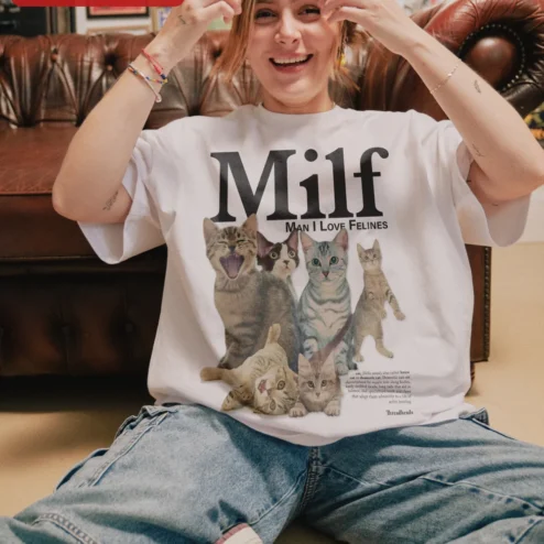 Close-up of Milf Man I Love Felines Tee Funny Cat Lover Graphic Shirt Novelty Humor Gift for streetwear fans in Chicago, Illinois
