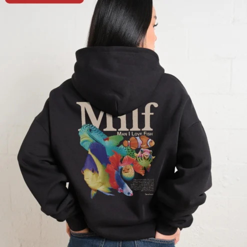 Customer in Chicago, Illinois wearing Milf Man I Love Fish Funny Fisher Hoodie Retro Y2k Weirdcore Gift for Women