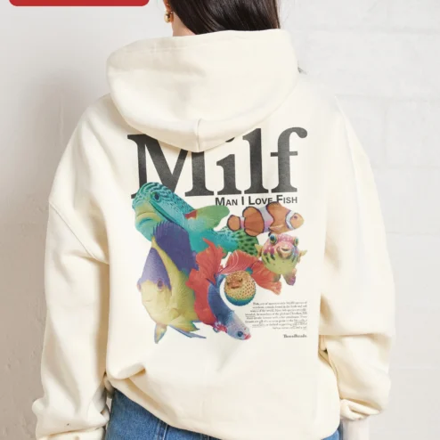 Close-up of Milf Man I Love Fish Funny Fisher Hoodie Retro Y2k Weirdcore Gift for Women for streetwear fans in Chicago, Illinois