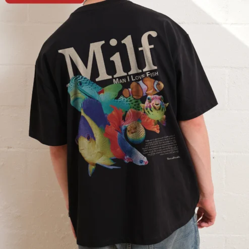 Customer in Chicago, Illinois wearing MILF Man I Love Fish Graphic Tee Funny Acronym Shirt for Women