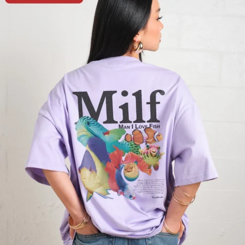 Customer in Chicago, Illinois wearing MILF Man I Love Fish Graphic Tee Funny Acronym Shirt for Women