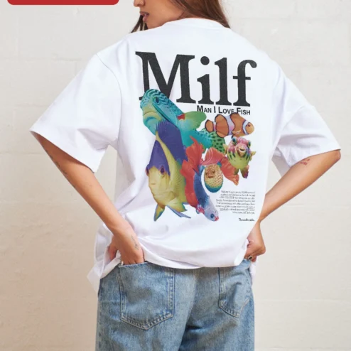 Close-up of MILF Man I Love Fish Graphic Tee Funny Acronym Shirt for Women for streetwear fans in Chicago, Illinois