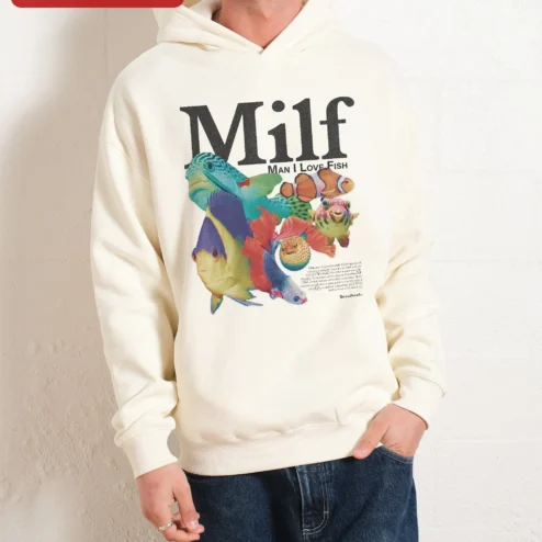 MILF Man I Love Fish Hoodie Funny Fishing Gift for Aquarium Hobbyists on a hanger, ready to ship from Chicago, Illinois