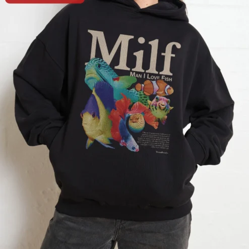Customer in Chicago, Illinois wearing MILF Man I Love Fish Hoodie Funny Fishing Gift for Aquarium Hobbyists
