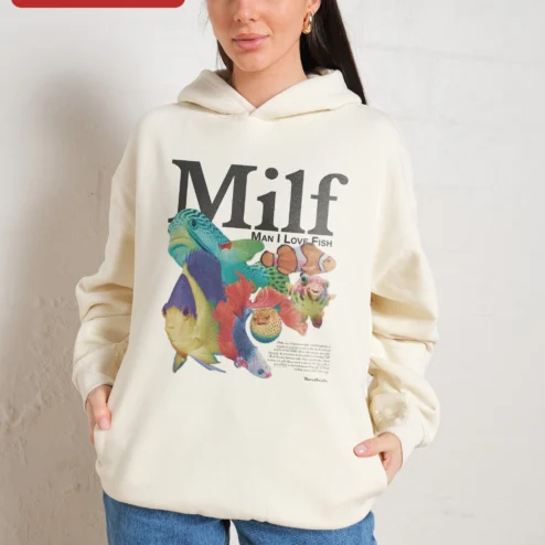 Close-up of MILF Man I Love Fish Hoodie Funny Fishing Gift for Aquarium Hobbyists for streetwear fans in Chicago, Illinois