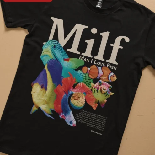 MILF Man I Love Fish Tee Funny Acronym Aquarium Lover Graphic Shirt on a hanger, ready to ship from Chicago, Illinois