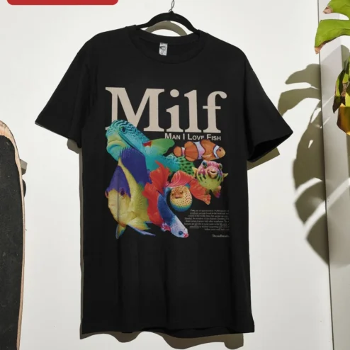 Customer in Chicago, Illinois wearing MILF Man I Love Fish Tee Funny Acronym Aquarium Lover Graphic Shirt