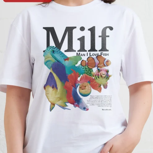 Close-up of MILF Man I Love Fish Tee Funny Acronym Aquarium Lover Graphic Shirt for streetwear fans in Chicago, Illinois