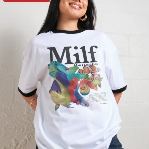 Close-up of MILF Man I Love Fish Tee Funny Acronym Aquarium Lover Graphic Shirt for streetwear fans in Chicago, Illinois