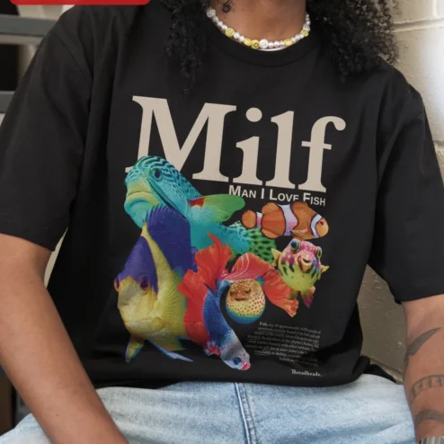 Customer in Chicago, Illinois wearing MILF Man I Love Fish Tee Funny Acronym Aquarium Lover Graphic Shirt