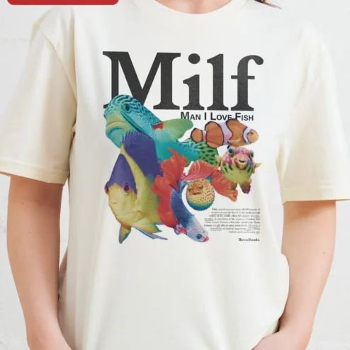 Close-up of MILF Man I Love Fish Tee Funny Acronym Aquarium Lover Graphic Shirt for streetwear fans in Chicago, Illinois