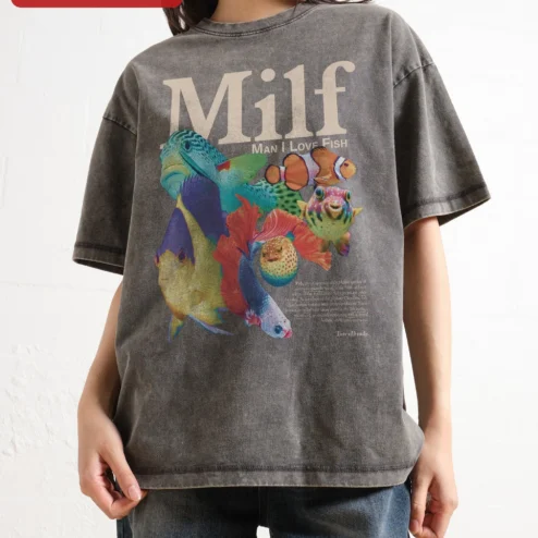 Milf Man I Love Fish Tee Funny Acronym Graphic Shirt for Adults Retro Acid Wash on a hanger, ready to ship from Chicago, Illinois