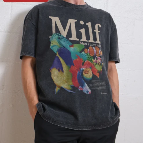 Milf Man I Love Fish Tee Funny Acronym Graphic Shirt for Adults Retro Acid Wash