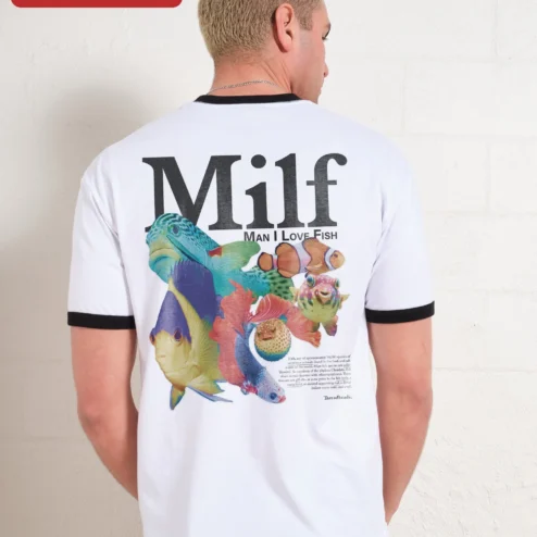 Customer in Chicago, Illinois wearing Milf Man I Love Fish Tee Funny Fishing Humor Graphic Shirt for Men
