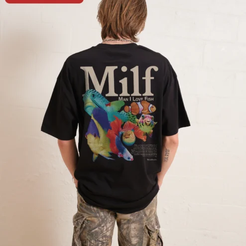 Close-up of Milf Man I Love Fish Tee Funny Fishing Humor Graphic Shirt for Men for streetwear fans in Chicago, Illinois