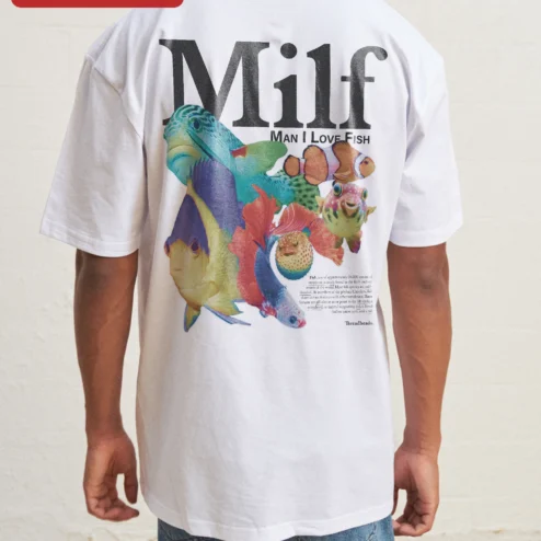 Close-up of Milf Man I Love Fish Tee Funny Fishing Humor Graphic Shirt for Men for streetwear fans in Chicago, Illinois