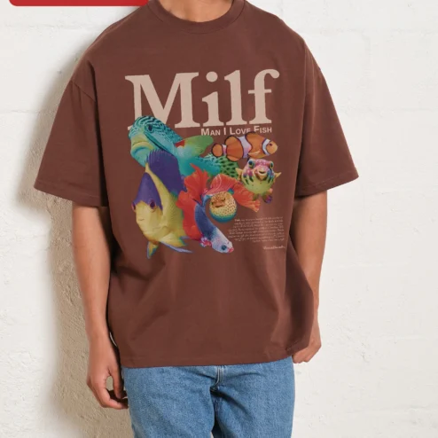 Milf Man I Love Fish Tee Funny Tropical Graphic Oversized Shirt for Men on a hanger, ready to ship from Chicago, Illinois