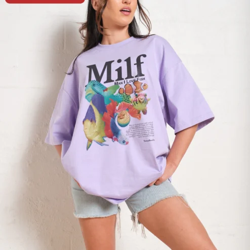 Customer in Chicago, Illinois wearing Milf Man I Love Fish Tee Funny Tropical Graphic Oversized Shirt for Men