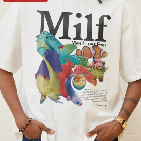 Close-up of Milf Man I Love Fish Tee Funny Tropical Graphic Oversized Shirt for Men for streetwear fans in Chicago, Illinois