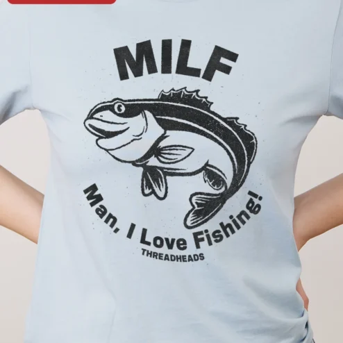 MILF Man I Love Fishing Graphic Tee Funny Angler Gift for Women on a hanger, ready to ship from Chicago, Illinois