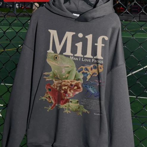 Customer in Chicago, Illinois wearing Milf Man I Love Frogs Hoodie Funny Amphibian Meme Gift for Frog Lovers