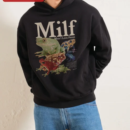 Customer in Chicago, Illinois wearing Milf Man I Love Frogs Hoodie Funny Amphibian Meme Gift for Frog Lovers