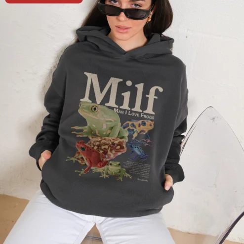 Close-up of Milf Man I Love Frogs Hoodie Funny Amphibian Meme Gift for Frog Lovers for streetwear fans in Chicago, Illinois
