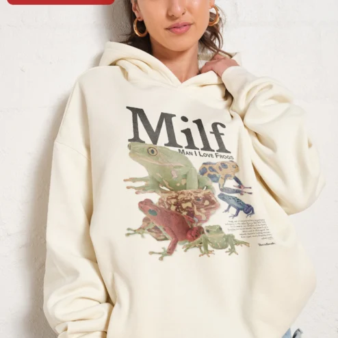 Customer in Chicago, Illinois wearing Milf Man I Love Frogs Hoodie Funny Amphibian Meme Gift for Frog Lovers
