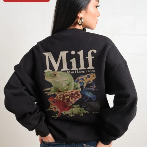 Close-up of Milf Man I Love Frogs Sweatshirt Funny Adult Humor Crewneck Gift for Frog Lovers for streetwear fans in Chicago, Illinois