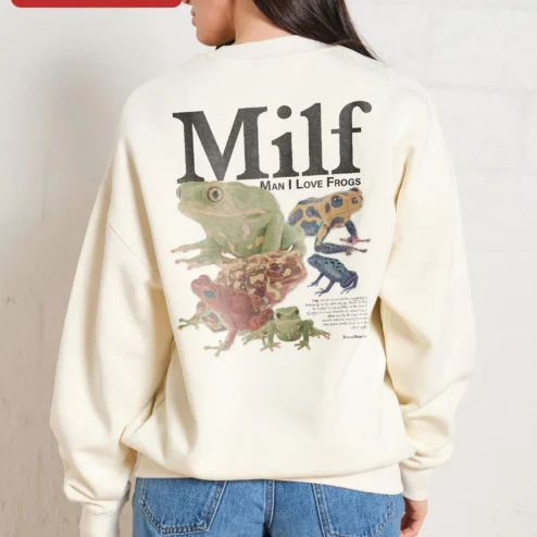 Customer in Chicago, Illinois wearing Milf Man I Love Frogs Sweatshirt Funny Adult Humor Crewneck Gift for Frog Lovers