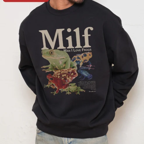 MILF Man I Love Frogs Sweatshirt Funny Frog Lover Gift for Men Women on a hanger, ready to ship from Chicago, Illinois